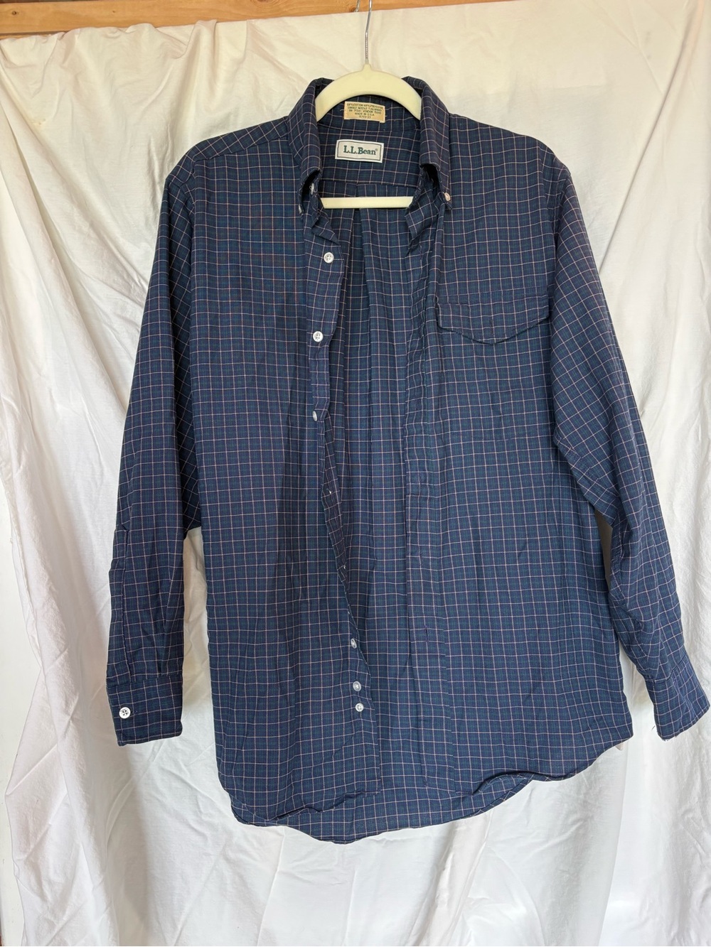 L.L. Bean Men's Navy and Red Windowpane Button-Down Shirt